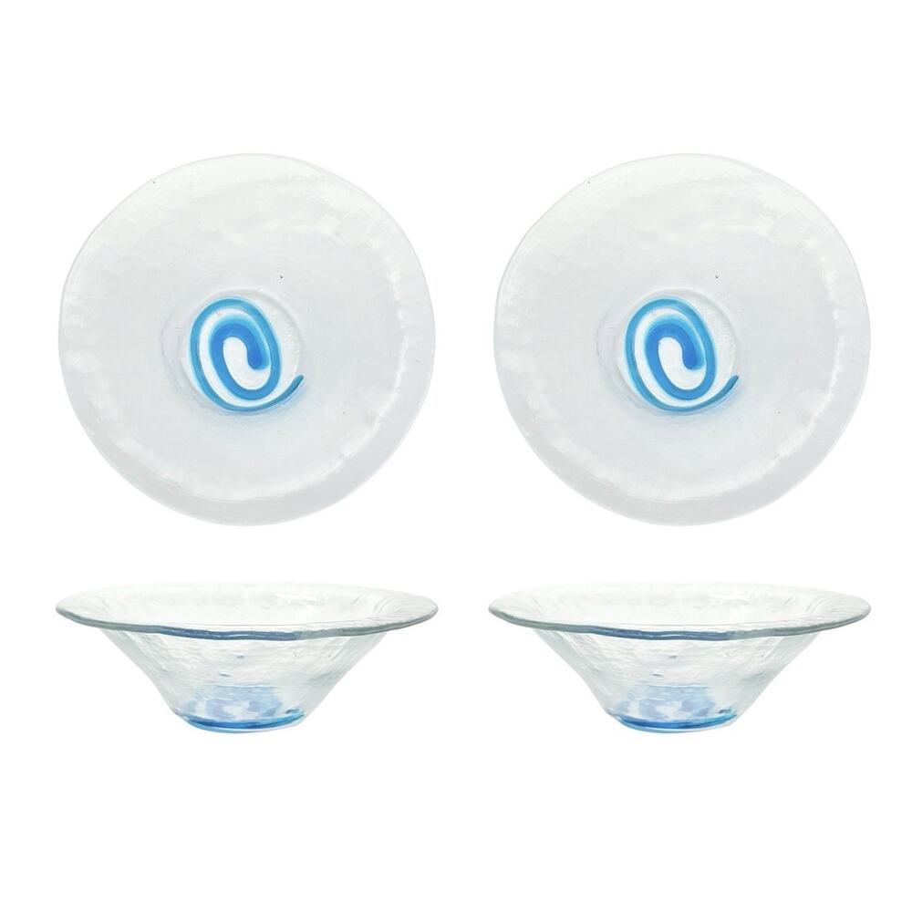Pair of Blown Recycled Glass Baby Blue Swirl Catchall Decorative Bowls 7 1/4”